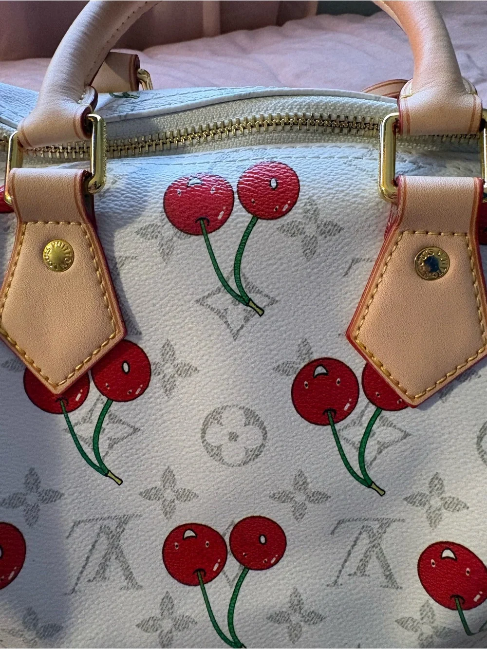 Speedy White Cherry Print Monogram Top-Handle Bag